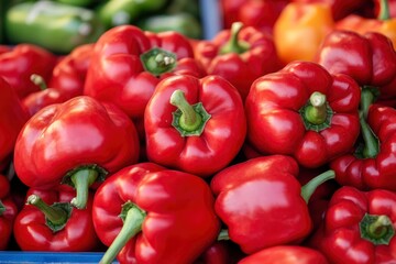 Heap Of Ripe Big Red Peppers At A Street Market. Peppers background with generative ai