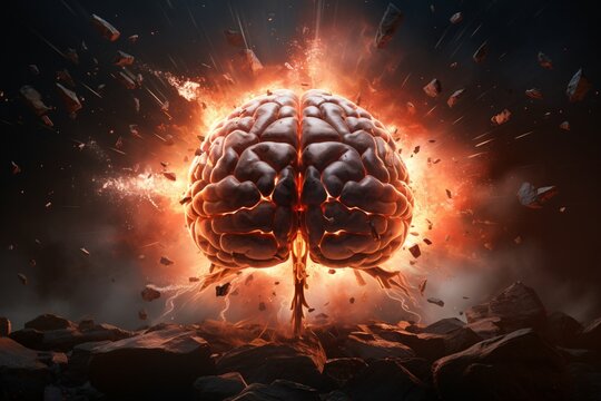 Concept of a human brain exploding with knowledge, Brainpower Wallpaper, 3D Brain, AI Generative