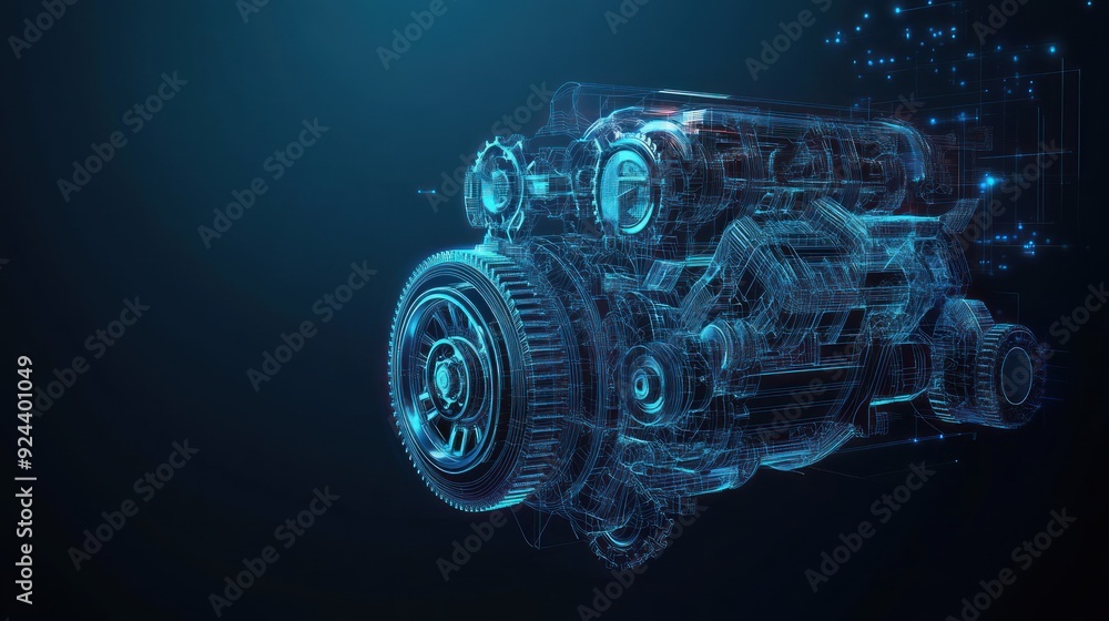 Poster wireframe model of a blue engine with gear