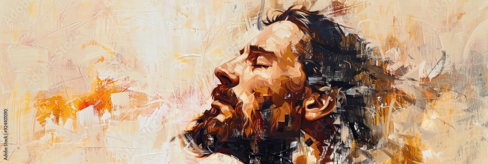 Poster expressionist artwork featuring jesus christ presented in a horizontal layout with soft color tones.