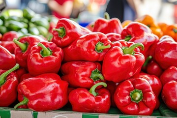 Heap Of Ripe Big Red Peppers At A Street Market. Peppers background with generative ai