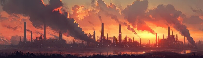 Obraz premium A sprawling industrial landscape with towering smokestacks and massive steel structures under a fiery sunset sky