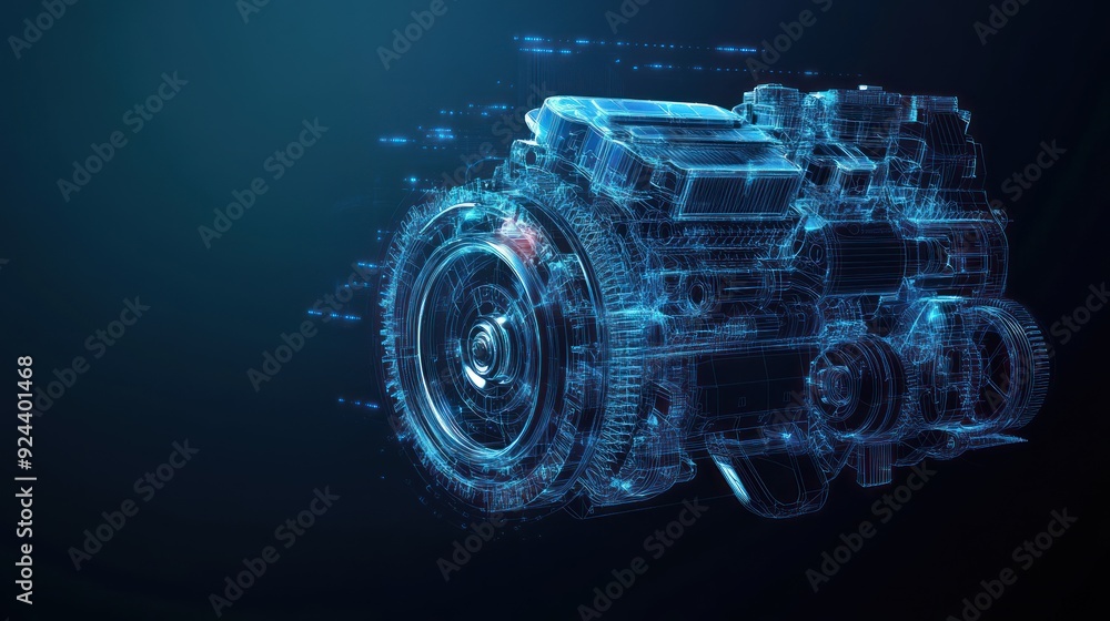 Poster wireframe representation of a car engine with blue glowing lines