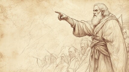 Fototapeta premium Moses Recounting Victories to Next Generation, Inspiring Faith, Deuteronomy Biblical Illustration, Bible Wall Art, Beige Background