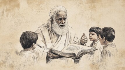 Fototapeta premium Deuteronomy's Teachings: Elderly Israelite with children and open scroll. Biblical illustration with beige background for Bible wall art.