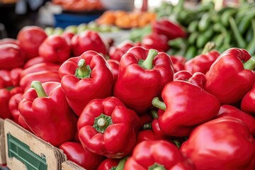 Heap Of Ripe Big Red Peppers At A Street Market. Peppers background with generative ai