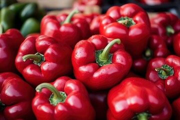 Heap Of Ripe Big Red Peppers At A Street Market. Peppers background with generative ai