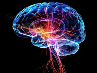 Abstract representation of the human brain, glowing neural pathways, dark background with contrasting colors