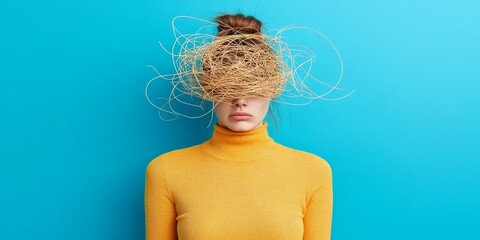 A young woman with simplified outlines, whose heads are replaced by scribbles symbolizing chaotic thoughts