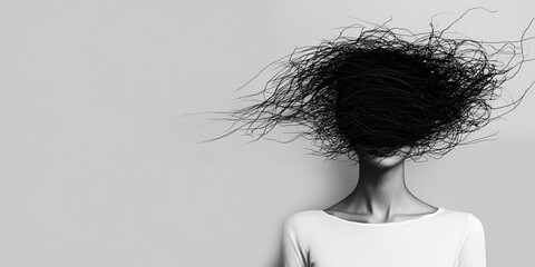 Fototapeta premium A young woman with simplified outlines, whose heads are replaced by scribbles symbolizing chaotic thoughts