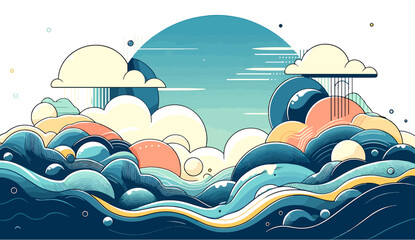 Vector design illustration featuring dynamic waves and floating bubbles or circles. Ideal for backgrounds or creative projects with a fluid, modern aesthetic. 