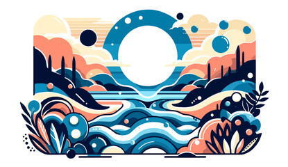 Vector design illustration featuring dynamic waves and floating bubbles or circles. Ideal for backgrounds or creative projects with a fluid, modern aesthetic. 