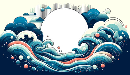 Vector design illustration featuring dynamic waves and floating bubbles or circles. Ideal for backgrounds or creative projects with a fluid, modern aesthetic. 