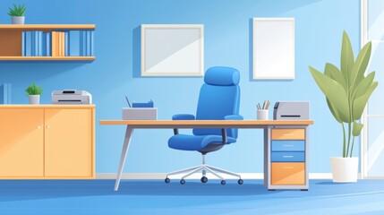 Fototapeta premium A blue chair sitting in front of a desk with books and papers, AI