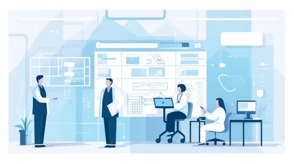 A group of people are in a room with a large screen on the wall