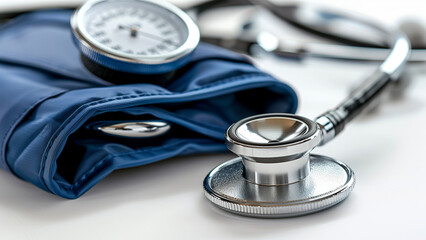 Close-up of stethoscope and blood pressure cuff, commonly used medical instruments