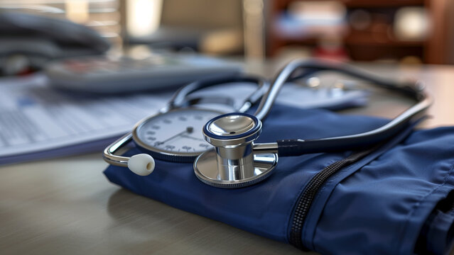 Stethoscope and blood pressure cuff, essential tools in medical diagnostics on a table in a clinical