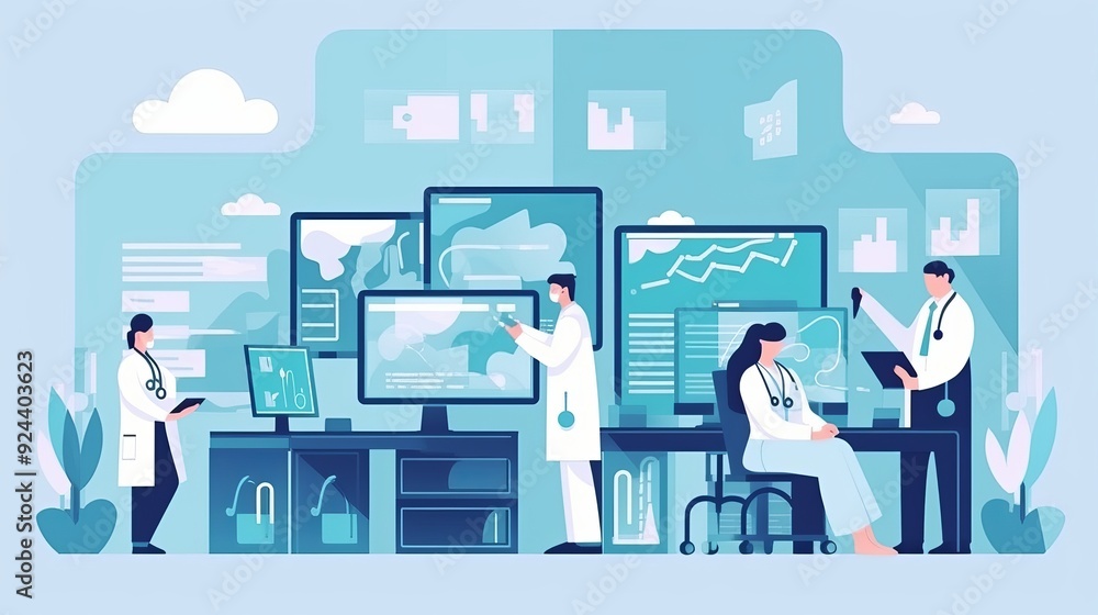 Poster a group of people are working in a medical office with a computer monitor in fro