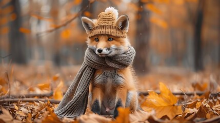 Adorable fluffy red fox pup in a romantic autumn forest with a knit cap and scarf