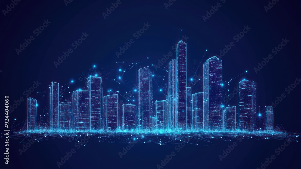 Poster a wireframe cityscape with interconnected blue lines and glowing points