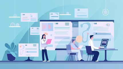 A group of people are working on a computer screen with a lot of papers