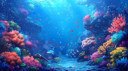 Obraz premium A magical cartoon ocean scene with adorable sea creatures like fish, rays, and sea turtles exploring vibrant coral reefs, colorful corals, and playful bubbles.