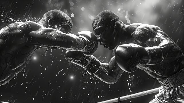 Two men compete in boxing. They started fighting on the black and white boxing arena stage.