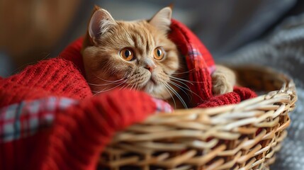 Adorable red shirted scottish fold cat relaxing in a basket