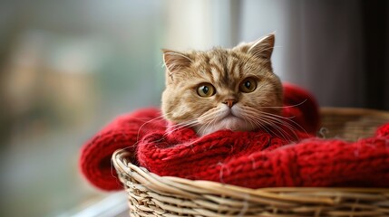 Adorable red shirted scottish fold cat relaxing in a basket