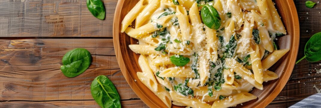 Aerial perspective of penne pasta served with a creamy spinach sauce and sprinkled with parmesan.