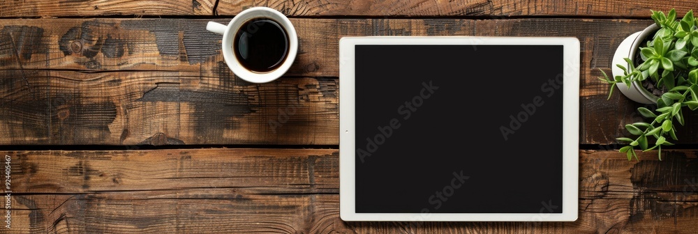 Poster digital tablet placed on a wooden surface featuring a clipping path for easy display integration.