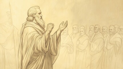 Fototapeta premium Moses Addressing Elders, Importance of Leading by Example in Obedience, Deuteronomy Biblical Illustration, Bible Wall Art, Beige Background