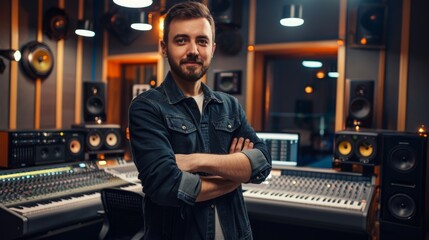 Confident male music producer stands with arms crossed in a modern sound recording studio, with mixers, monitors, and audio workstations