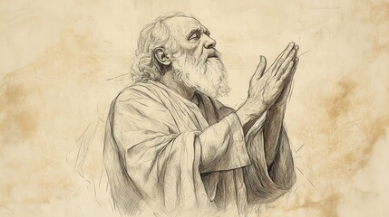 Fototapeta premium The Death of Moses in Deuteronomy - Moses Praying and Giving Thanks - Biblical Illustration - Bible Wall Art with Beige Background