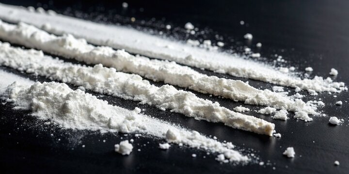 Dangerous habit: white powder cocaine lines on a dark background, symbolizing the devastating and destructive cycle of addiction to hard drugs.