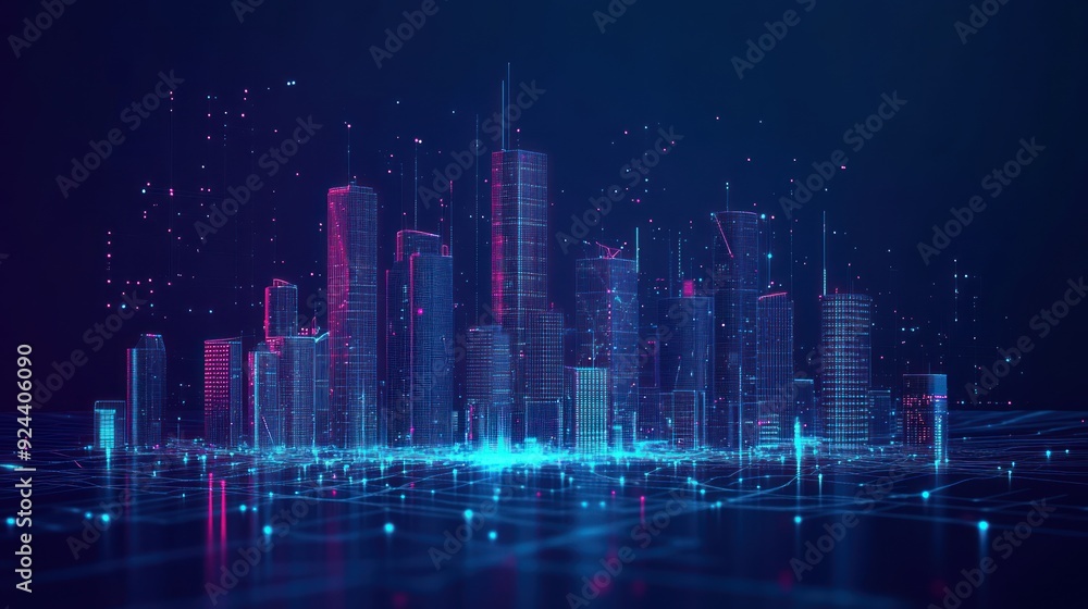 Poster digital cityscape with glowing lines and points