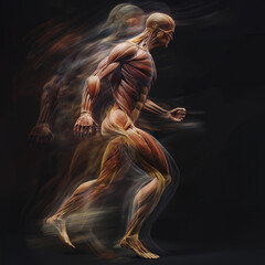 Hyper-realistic depiction of the human muscular system in motion