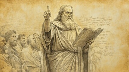 Fototapeta premium Deuteronomy's Fabric Law: Moses teaching about not wearing mixed fabrics. Biblical illustration with beige background for Bible wall art.