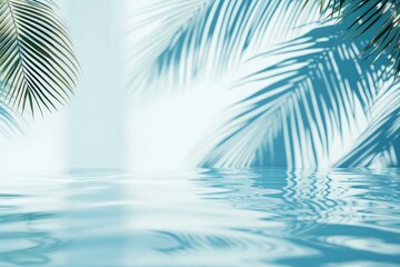Palm Leaf Shadow Reflected on Tranquil Light Blue Water Surface Under Clear Blue Sky. Calm Water Waves, Vacation Vibes, and Beauty Care with Copy Space