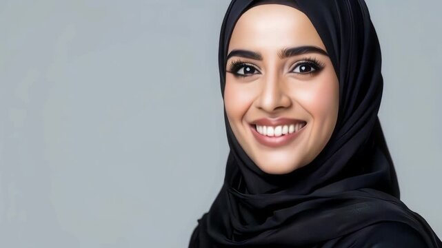 portrait of a woman in a black hijab and smile