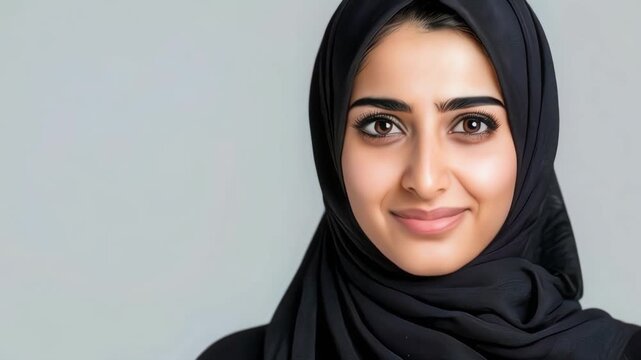 portrait of a woman in a black hijab and smile
