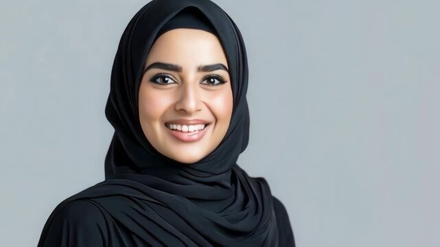 Portrait of a woman in a black hijab and smile