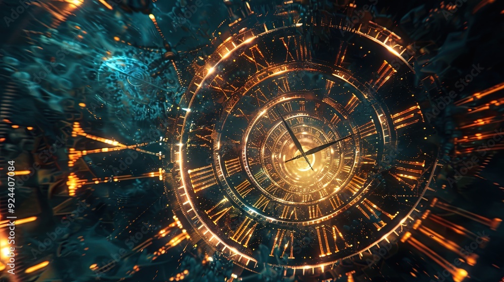 Poster glowing clock face with roman numerals and multiple time rings