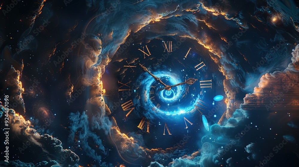 Poster a clock face embedded in a swirling nebula