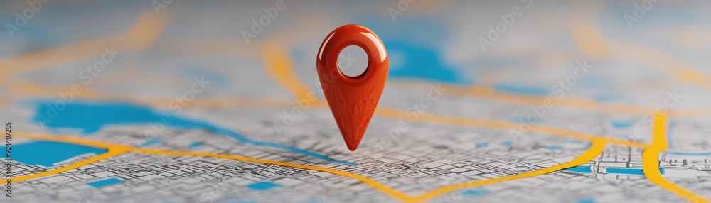 Poster a red location marker on a detailed map, symbolizing navigation and location finding in urban enviro