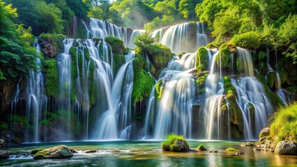 Fototapeta premium Close-up of a majestic waterfall in nature with cascading water and lush greenery , waterfall, nature, majestic, close-up