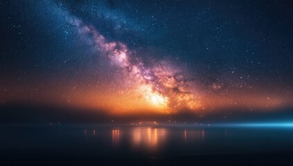Milky Way Galaxy Illuminates Serene Ocean at Night Landscape background. Starry Sky Reflection on Water with Majestic Mountains Under a Starry Milky Way Sky
