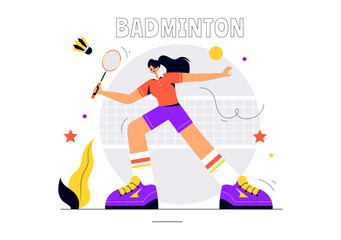 Vector Illustration of a Badminton Player with a Shuttle and Racket on the Court, Competing in the Sport as a Leisure Activity with a Flat Background