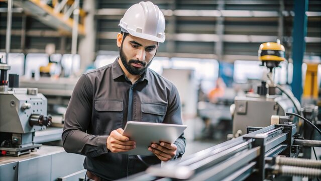 An Indian quality assurance engineer checking and maintaining manufacturing equipment for quality control.
