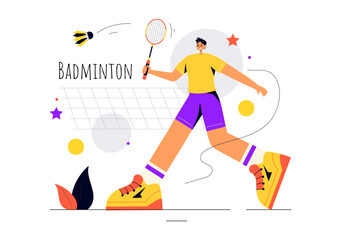Vector Illustration of a Badminton Player with a Shuttle and Racket on the Court, Competing in the Sport as a Leisure Activity with a Flat Background